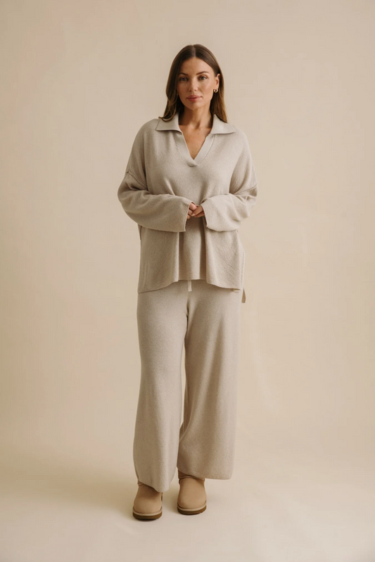 Talamaya Winter Retreat Collared Pullover in Wheat