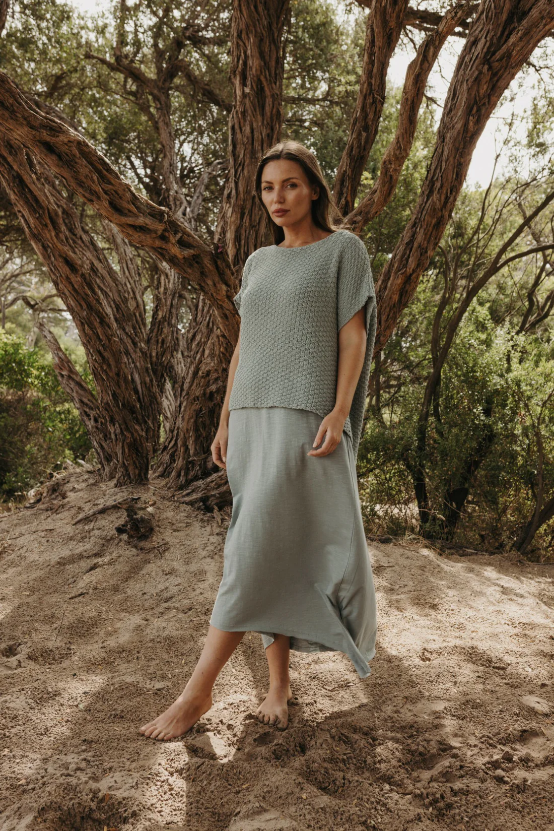 Talamaya Ladder Short Sleeve Pullover in Thyme