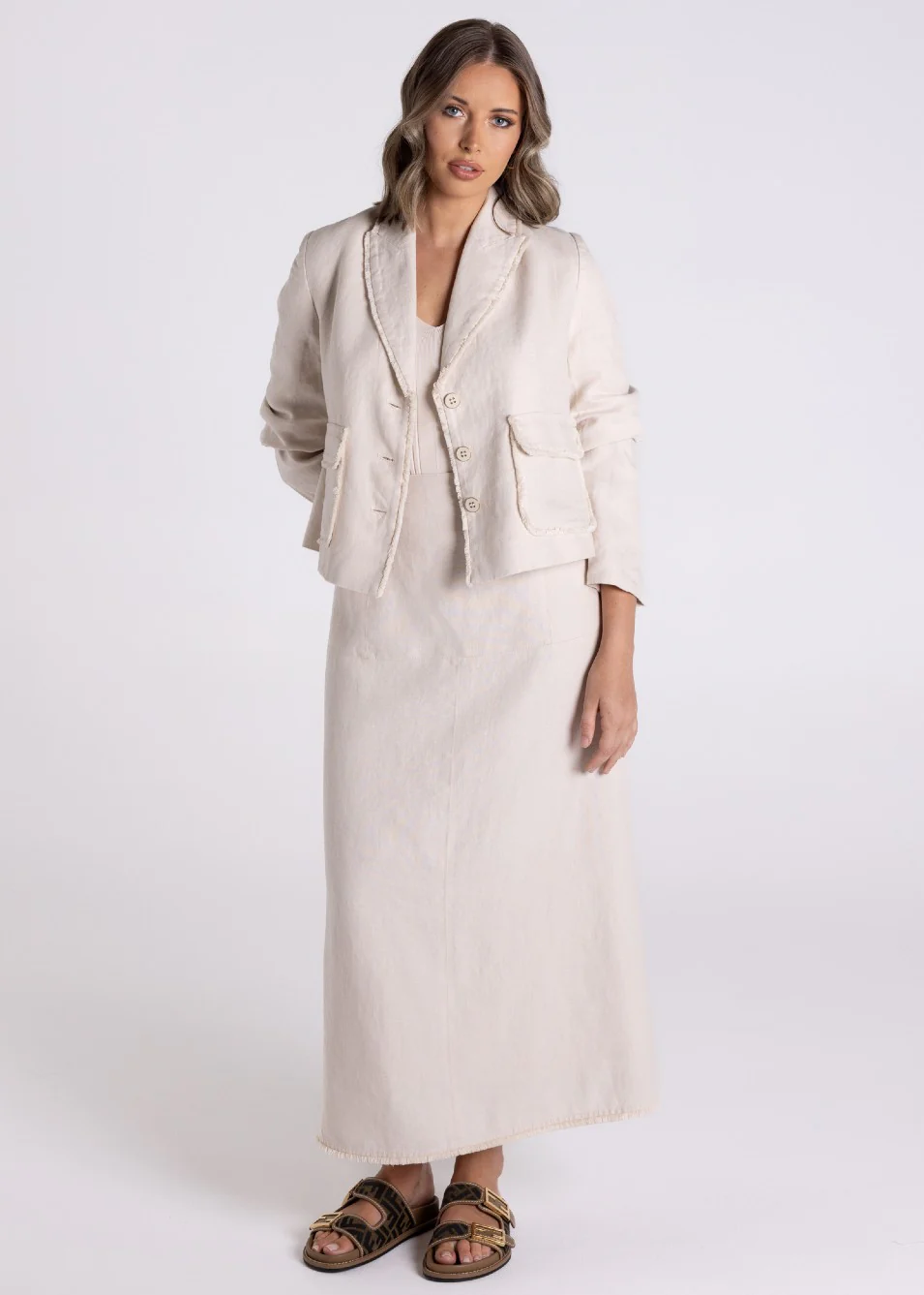 Two T's Linen Tweed Midi Skirt in Natural