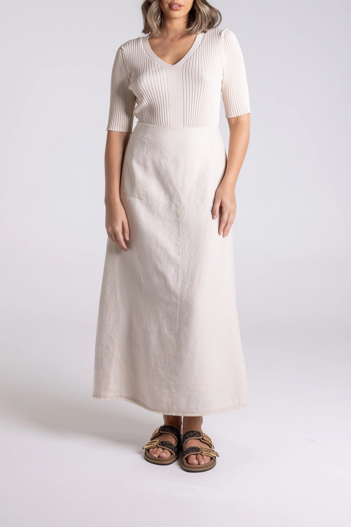 Two T's Linen Tweed Midi Skirt in Natural