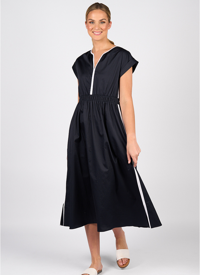 Vassalli V-Neck-Shirred Dress Ink/White