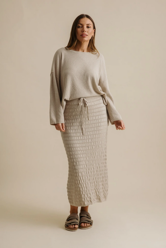 Talamaya Waves Merino Cotton Pleat Skirt in Wheat