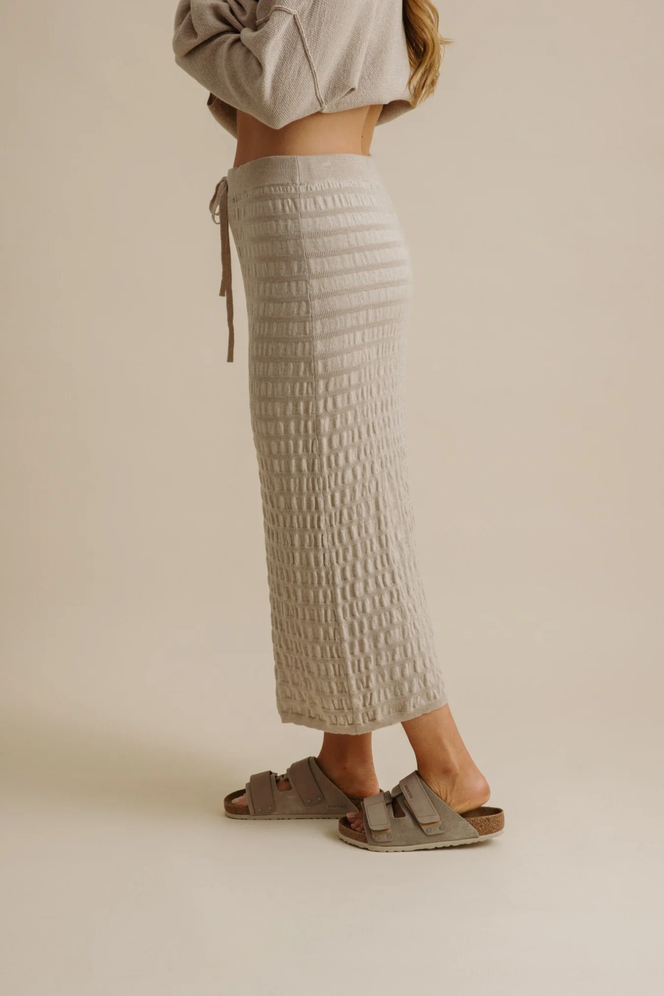 Talamaya Waves Merino Cotton Pleat Skirt in Wheat