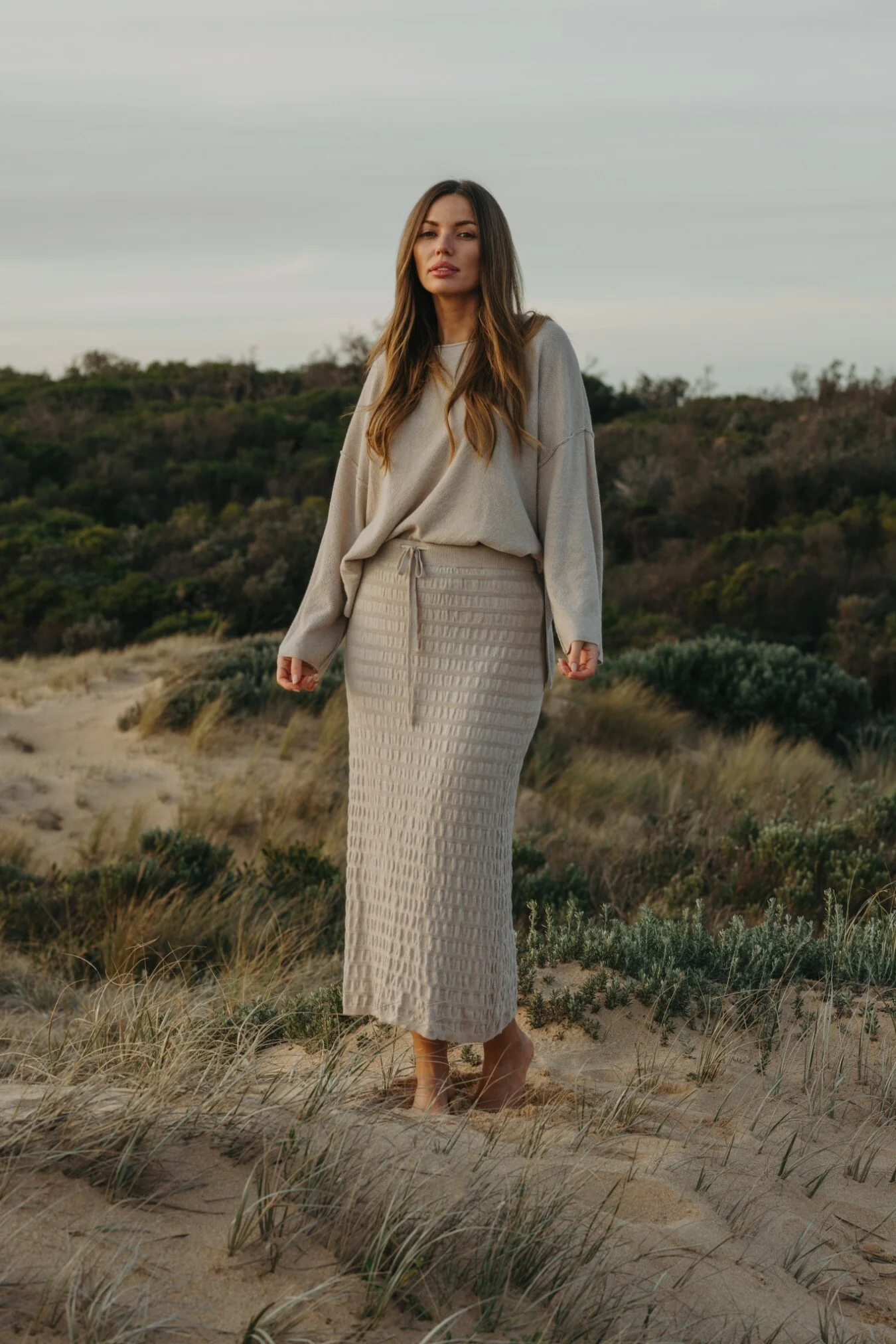 Talamaya Waves Merino Cotton Pleat Skirt in Wheat