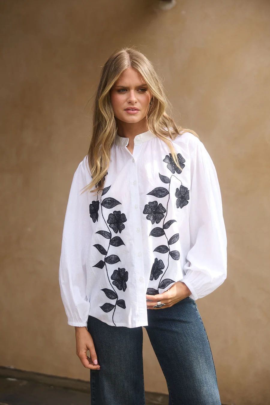Talisman Zora Ladies Shirt in White with Black Embroidery