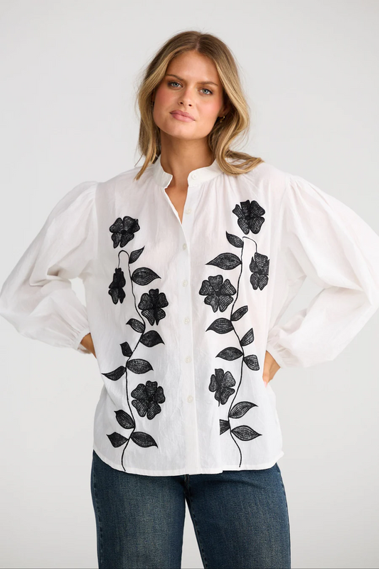 Talisman Zora Ladies Shirt in White with Black Embroidery